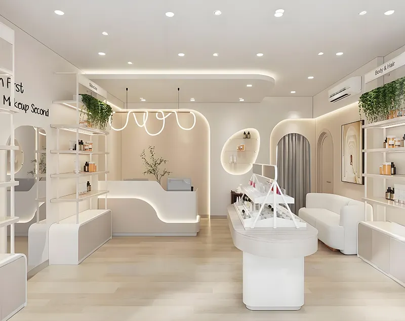 ONI Display + White Wood Cosmetic Display Cabinet: Minimalist Elegance with Green Accents