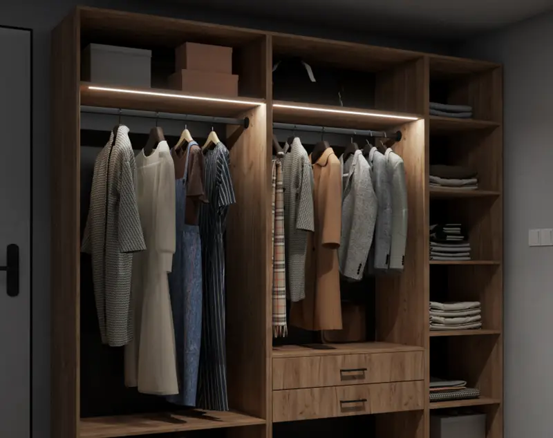 ONI Display Walnut Walk in Closet: Custom Closet Systems & Modern Bedroom Wardrobes