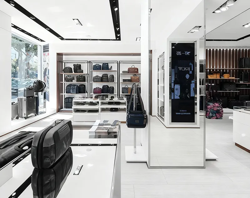 ONI Shopfitting White Gloss Display for Suitcase with Rack in Modern Bag Store