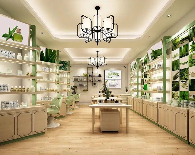 ONI Display Wood Finish Gondola Shelving | Modern Beauty Store Display