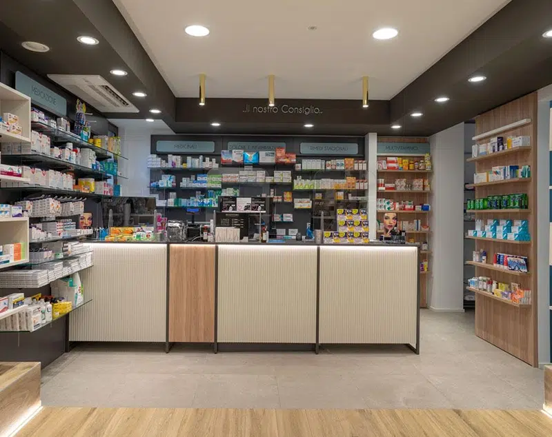 ONI Display Modern Pharmacy Shelving with Glass Wall Display and Wooden Base Cabinets