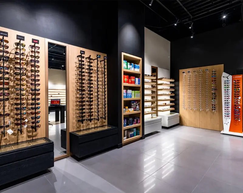 ONI Display Wood-Tone Illuminated Eyewear Wall System for Premium sunglasses stand