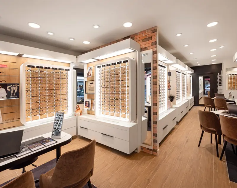 ONI Display Illuminated Wood-Frame Sunglass Display Rack Wall for Modern Optical Stores