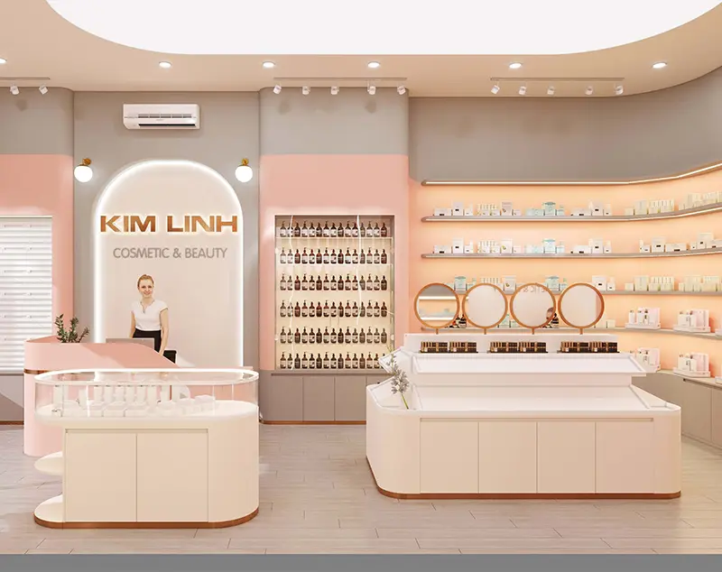 ONI Display Soft Blush Acrylic & White Wood Makeup Display Stand for Modern Cosmetic Stores