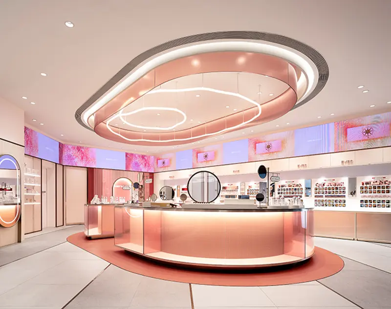 ONI Display Curved Pink Glass Counters for Modern Makeup Shop Desig
