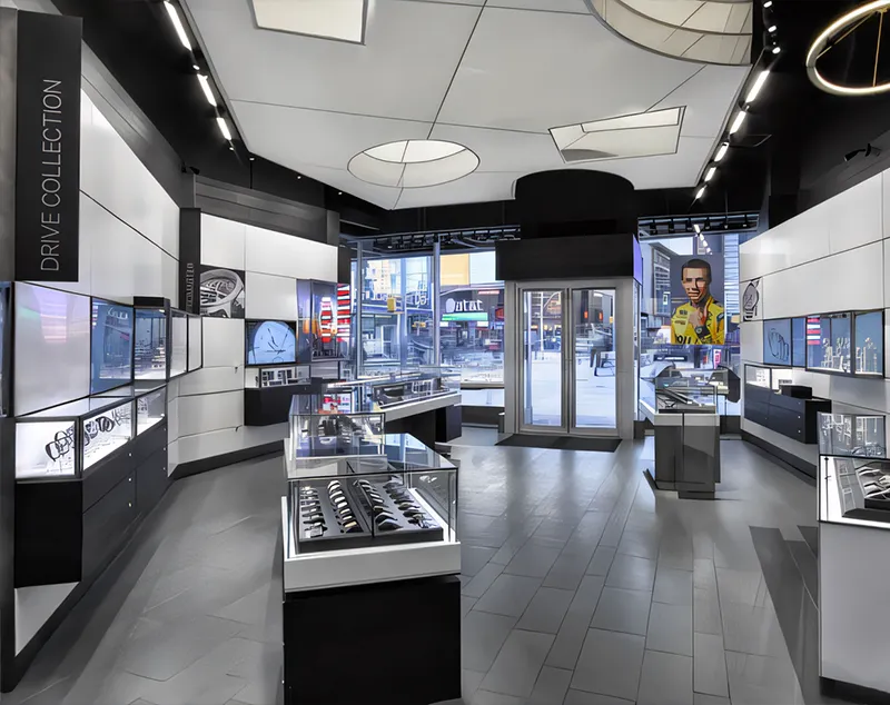 ONI Shopfitting Modern High End Watch Display Case with Black & White Custom Glass Design