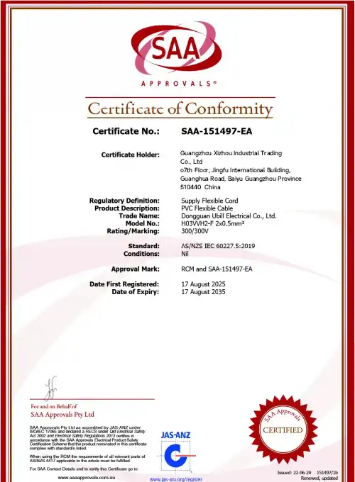 SAA Certificate of Conformity